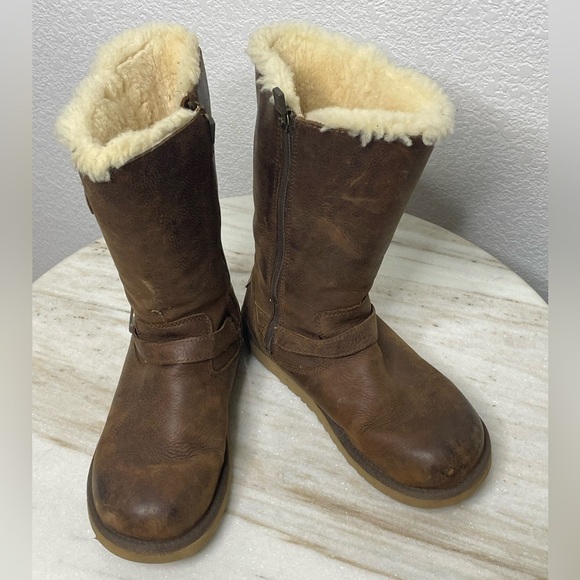 UGG boots leather fur lined men sz 5 distressed brown double buckle - Picture 1 of 9